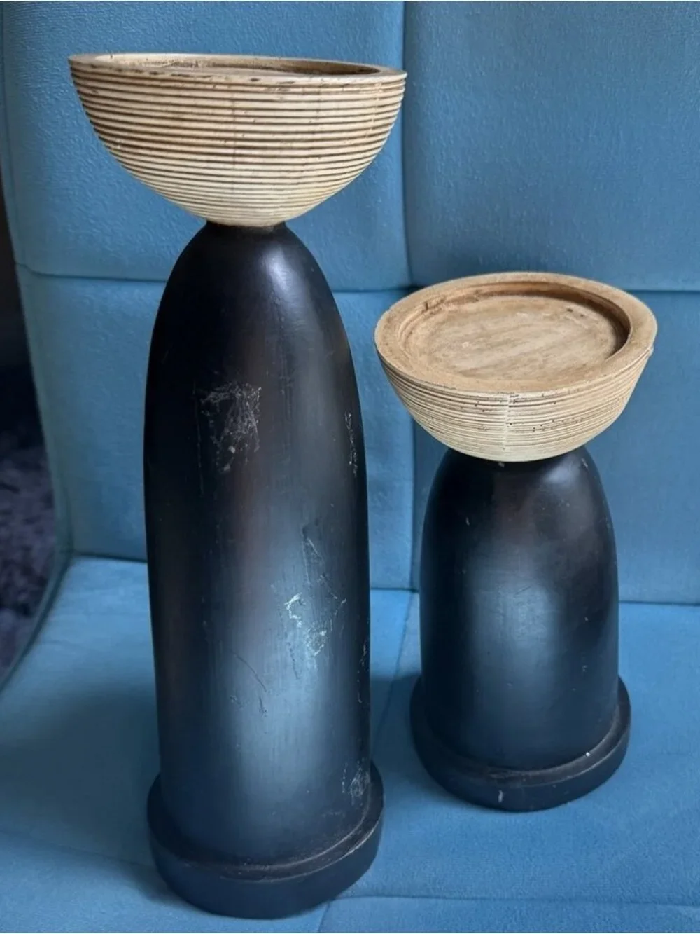 Wood Candleholder Pair Black With Faux Rattan Top Asian Jungle Tropical